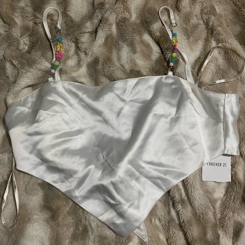 Forever 21 White Satin Top With Beaded Straps